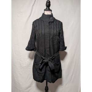 Merona Women's Black Belted Knit Sweater Button‎ Up Cardigan Pockets Size XL